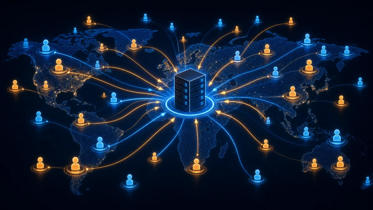 Hundreds of simulated users connecting to a server from multiple geographic locations around the world